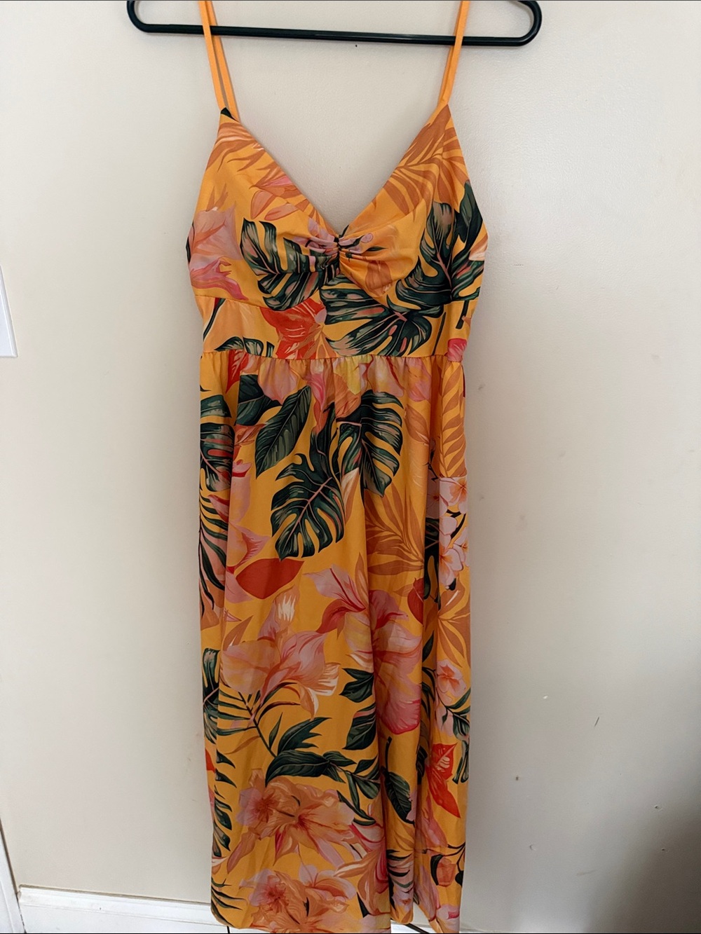 SHEIN Yellow Tropical Print Midi Dress with Spaghetti Straps